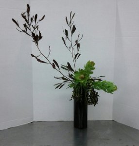 Basic Slanting Nageire was our other test arrangement in finals. Not to brag, but I think I rocked the heck out of this! Dodonaea purpurea (hopseed bush) and bright green Leucadendron 'Safari Goldstrike' are tied together in color by the chartreuse branch and purple fruit of pygmy date palms (Phoenix roebelenii.)