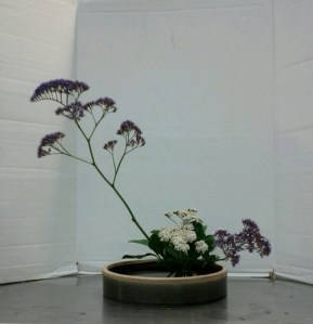 Slanting Moribana Variation #4 with yarrow and statice.