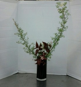 Upright Nageire Variation #3, Gyakugatte (mirror image positioning as compared to standard.) The branches are white-flowering grevillea, and persicaria is the dark foliage.